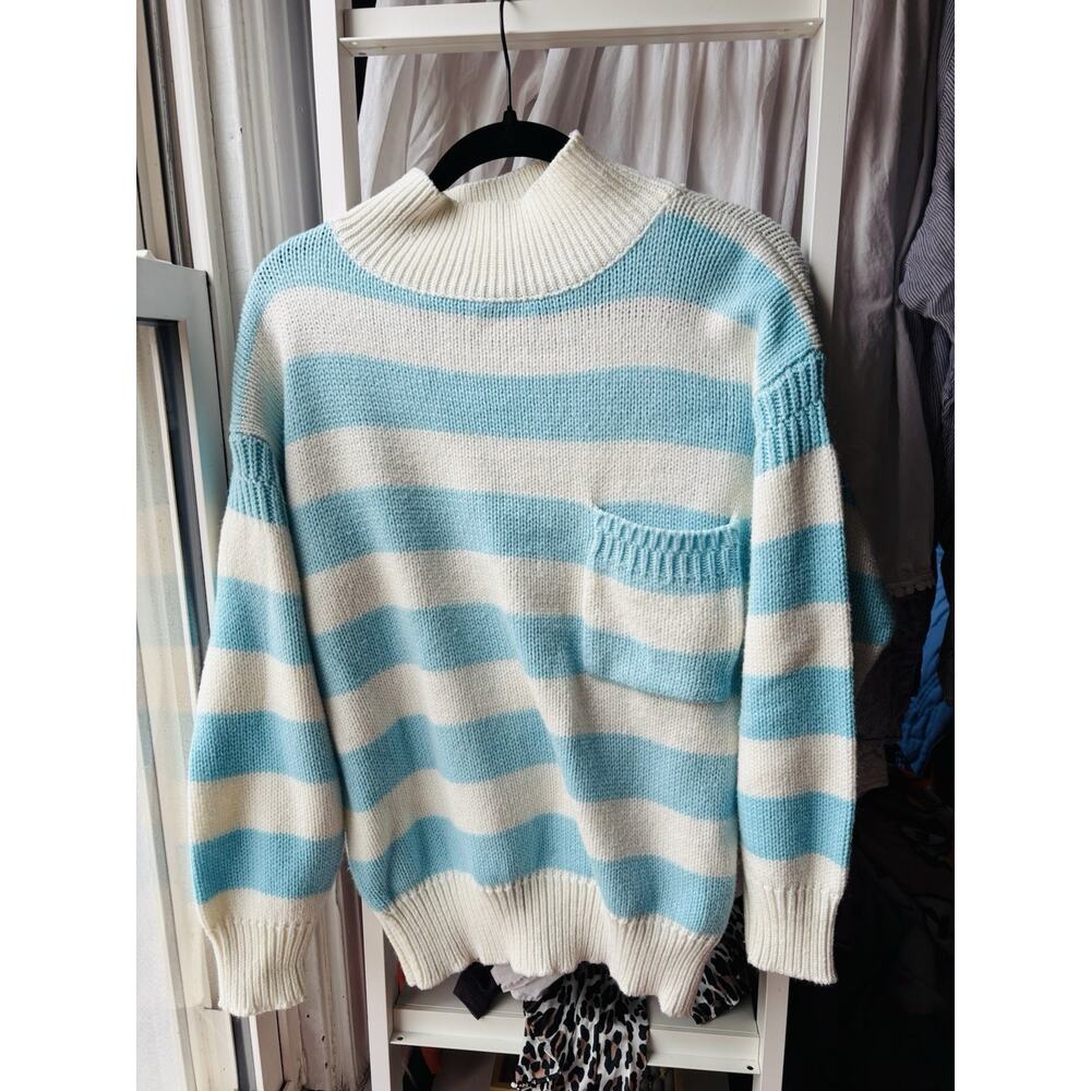 VTG 80s CHunky KNit MOckneck Long Sweater Blue White Striped Womens Small Oversi